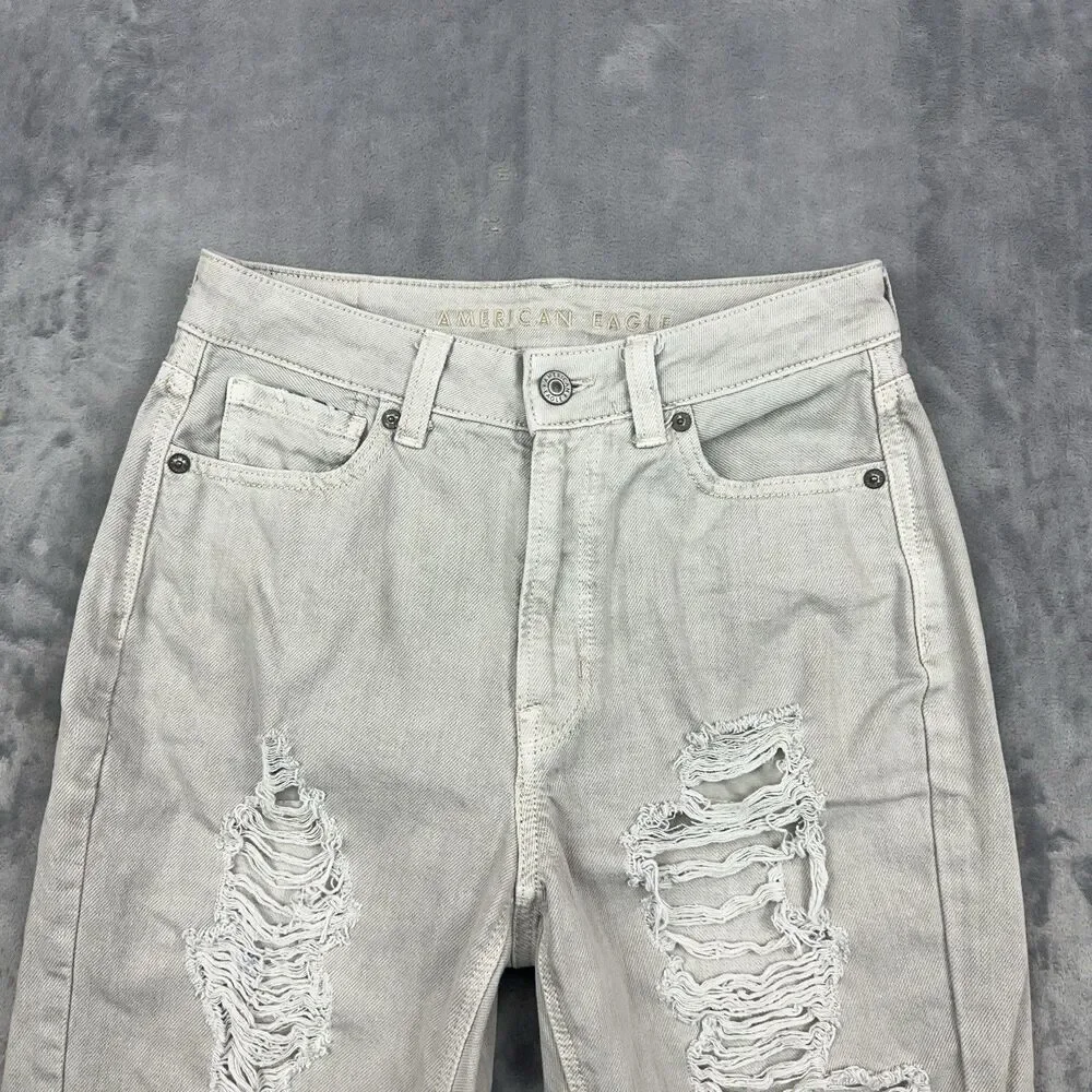 American Eagle Mom Jeans Womens Size 2 Regular Gray Distressed Ripped 5 Pocket